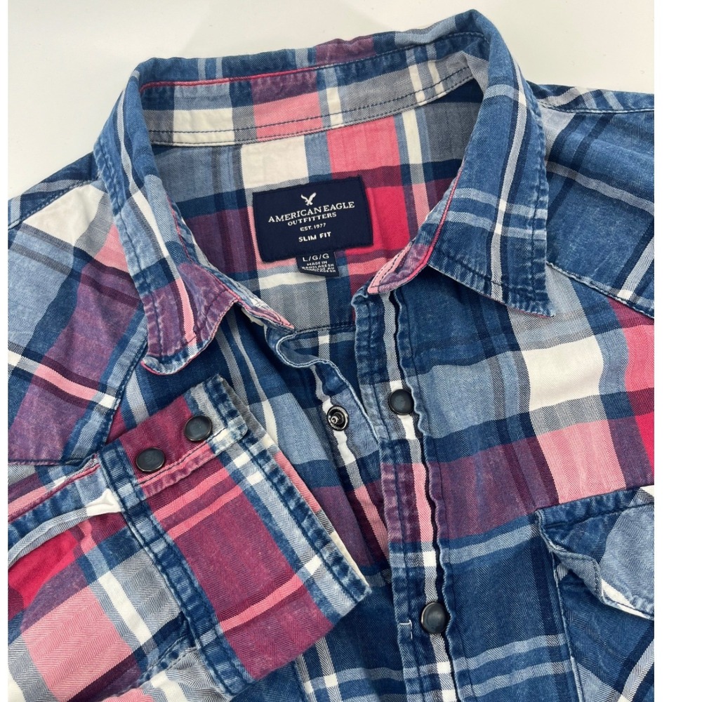 American Eagle Western Shirt Mens L Blue Plaid Slim Fit Snap Front Long Sleeve